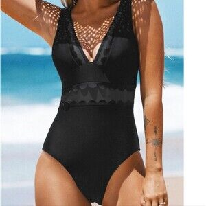 Cupshe One-piece Swimsuit Mesh Scalloped Bathing Suit Black Large NWT
